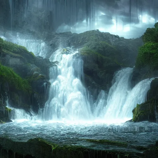 Image similar to waterfall of abomination soulstream, in the style of alejandro mirabal, dramatic, tragic, intricate, detailed, beautiful, 8 k resolution