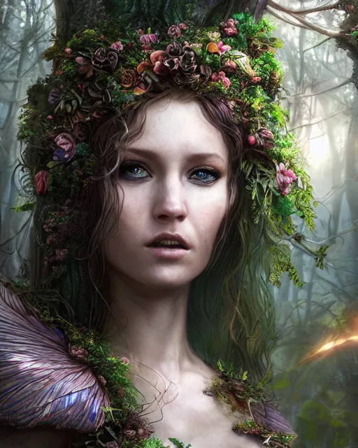 Image similar to portrait high definition photograph female fantasy character art, hyper realistic, pretty face, hyperrealism, iridescence water elemental, snake skin armor forest dryad, woody foliage, 8 k dop dof hdr fantasy character art, by aleski briclot and alexander'hollllow'fedosav and laura zalenga