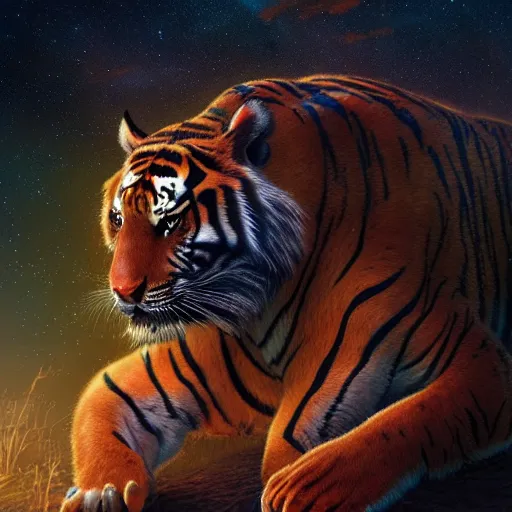 Image similar to out in the dark, among the stars, the tiger is dead by barclay shaw, andreas rochas, dan mumford craig mullins., intricate details, illustration, dynamic lighting, unreal engine, featured on artstation, soft glow