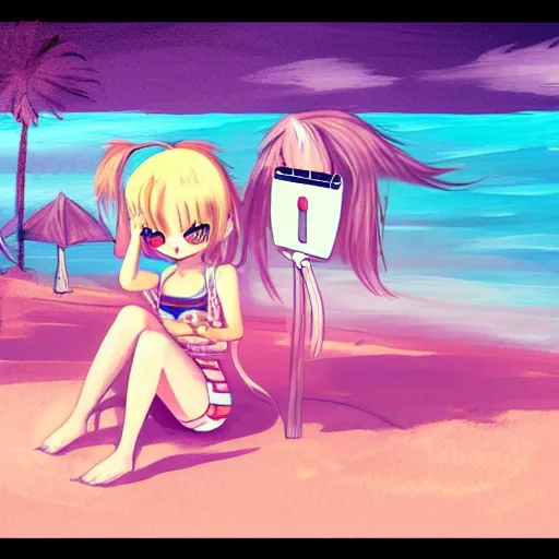 Image similar to chibi anime character, chilling on the beach, lofi colors, digital painting, super detailed