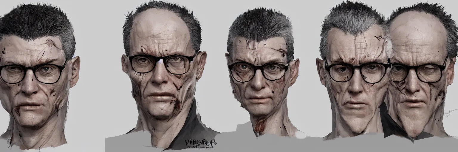 Prompt: full color character faces, realistic face of a psychopath, evil eyes, glasses, disturbed, character sheet, fine details, concept design, contrast, kim jung gi, greg rutkowski and da vinci, 8 k, emotional, face turnaround 3 6 0, front view, back view, side view, vivid colors, ultra wide angle