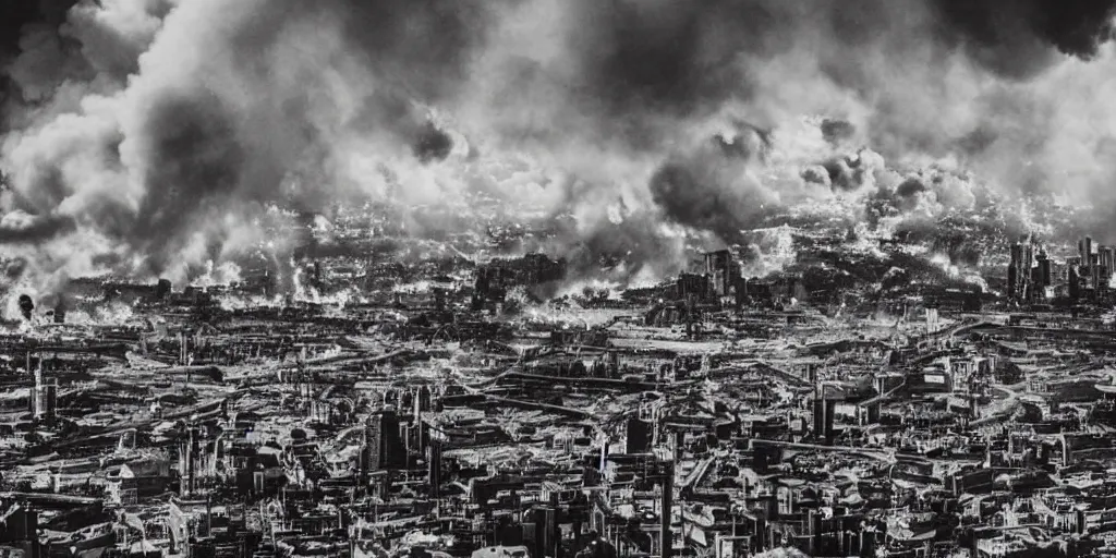 Image similar to steampunk city skyline engulfed in flames, huge explosions everywhere, bird's eye view, wide shot, cinematic, 1 3 5 film, black and white photograph