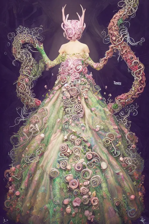 Prompt: A full body shot of a cute and mischievous young monster princess wearing an ornate gown. Covered in barnacles and tentacles. Dynamic Pose. Quinceanera dress. Rainbow palette. Dramatic Lighting. Eldritch. defined facial features, symmetrical facial features. Opalescent surface. Emerging from the darkness. Elegant. By Ruan Jia and Artgerm and Range Murata and WLOP and Ross Tran and William-Adolphe Bouguereau. Key Art. realistic, Hyperdetailed. Fantasy Illustration. Masterpiece. artstation, award winning, sharp, details, HD, HDR, 4K, 8K.