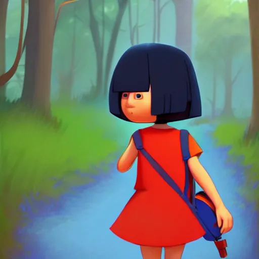 Image similar to goro fujita ilustration dora the explorer in a red dress and backpack, short hair, walking through the woods picking mushrooms, painting by goro fujita, sharp focus, highly detailed, artstation