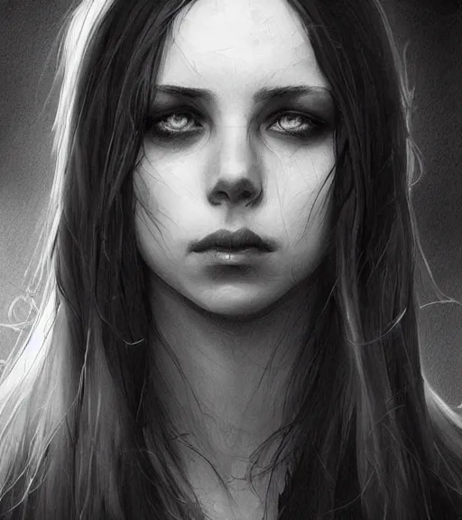 Prompt: eilish, beautiful piercing eyes, realistic face, black and white drawing, in the style of greg rutkowski, fantasy, amazing detail, epic, intricate, elegant, smooth, sharp focus