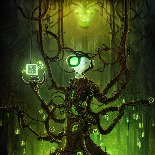 Prompt: Highly sophisticated mechanical steampunk character with robotic arms and (((glowing))) head in mythical forest with glowing algae in the tree trunks and vines hanging from the branches, creepy ambiance, desaturated, fog, sharp focus, magical, refined, beautiful, eerie