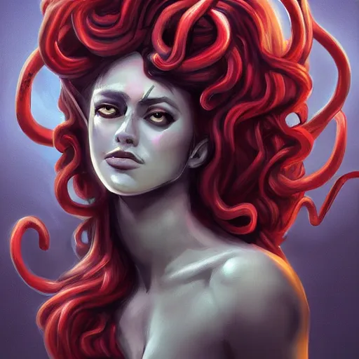 Image similar to medusa painting, comic style, seductive, dynamic lighting, artstation, detailed, blurred background