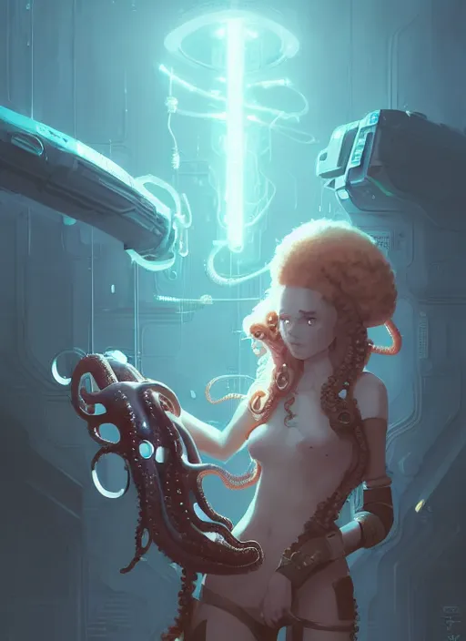 Image similar to portrait of cute octopus tentacle space girl, warhammer, cyberpunk by atey ghailan, by greg rutkowski, by greg tocchini, by james gilleard, by joe gb fenton, by in kaethe butcher, dynamic lighting, gradient light blue, brown, blonde cream and white color in scheme, grunge aesthetic, black background