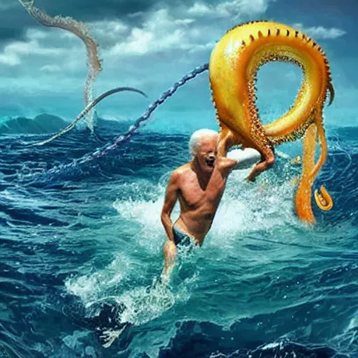 Prompt: photograph of joe biden wearing a bikini and battling a giant squid in the deep sea, realistic, 4 k,