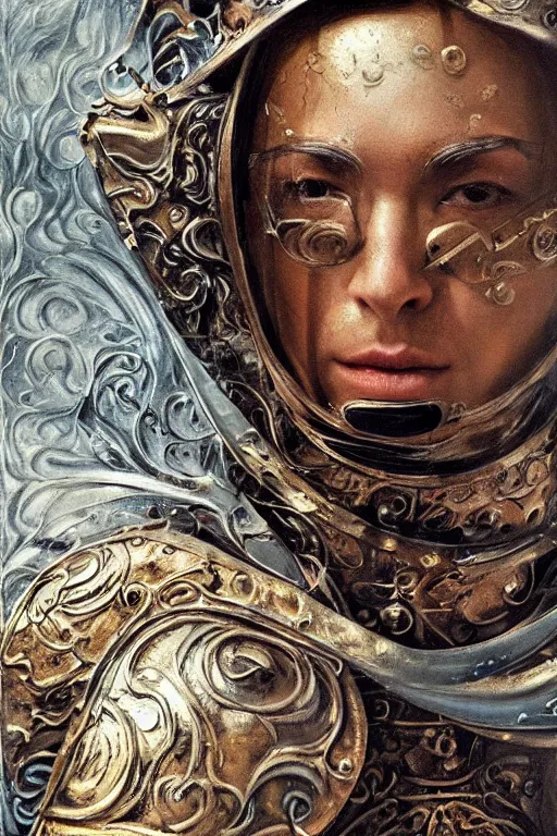 Image similar to hyperrealism oil painting, close-up portrait of medieval euopean fashion model, knight, steel gradient mixed with water swirls sky, in style of baroque mixed with 70s japan book art