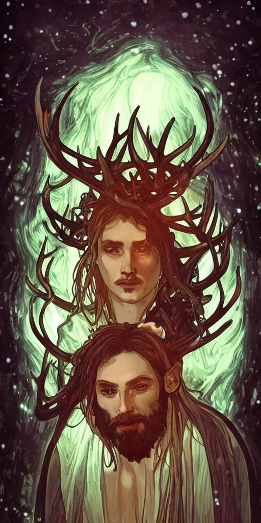 Image similar to intense bioluminescent glowing pagan god with antlers and pure black eyes and long beard in very dark forest by artgerm and alphonse mucha, portrait, fantasy, clear, light beams, lens flare, intense, uhd, amazing depth, cinematic lighting