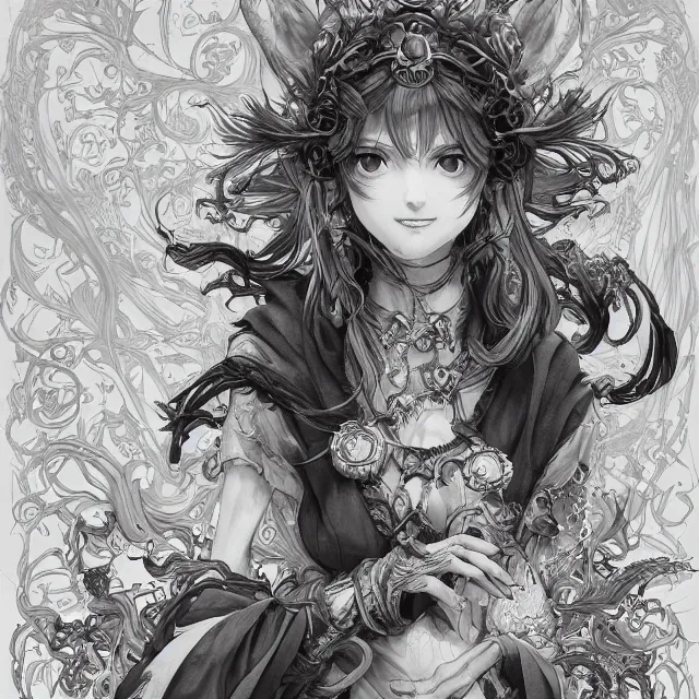 Image similar to the portrait of chaotic good female druid alchemist as absurdly beautiful, gorgeous, elegant, young anime girl, an ultrafine hyperdetailed illustration by kim jung gi, irakli nadar, intricate linework, sharp focus, bright colors, octopath traveler, final fantasy, unreal engine 5 highly rendered, global illumination, radiant light, detailed and intricate environment