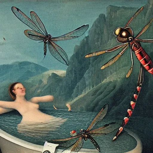 Image similar to dragonfly in a bathtub in the alps, libertine!! in background