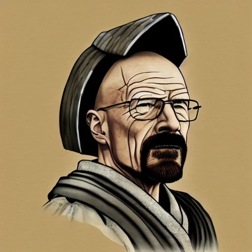 Prompt: walter white from breaking bad wearing samurai armor in feudal japan, 4 k, hyper realistic, ink block painting