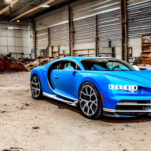 Image similar to an abandoned, derelict, rusty bugatti chiron in a dirty warehouse