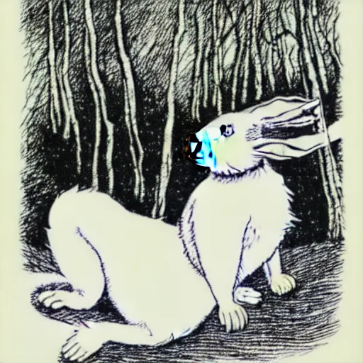 Image similar to a pen and ink drawing of a white rabbit smoking a smokey cigarette while reclining in a deep dark tangled forest, childrens book illustration, by edward gorey, by gustav dore