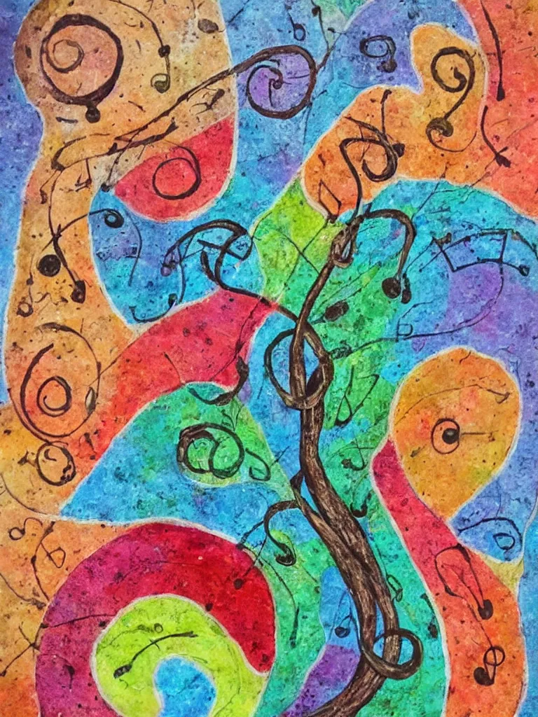 Image similar to a mixed media painting of an acorn that turns into a tree in the shape of a treble clef with a bunch of different colors, loud and exciting