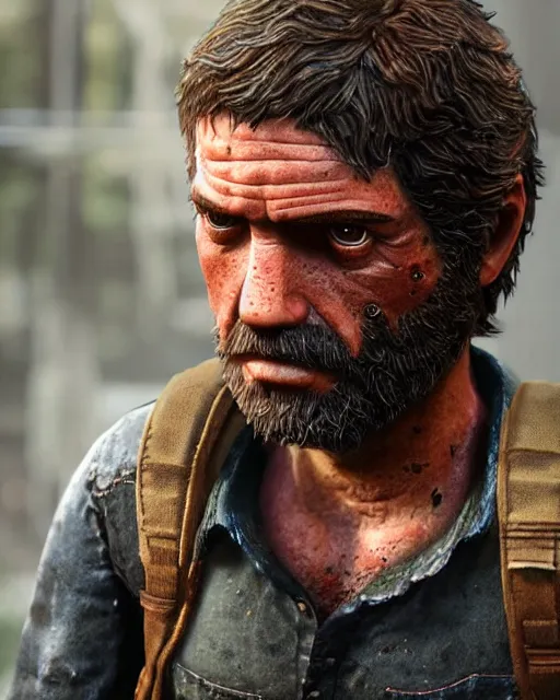 Image similar to joel from the last of us as a muppet. highly detailed felt. hyper real photo. 4 k.