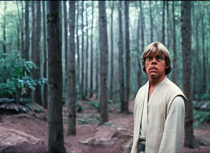 Image similar to screenshot portrait of luke skywalker at the new jedi temple school jungle. played by actor Mark Hammill, Photographed with Leica Summilux-M 24 mm lens, ISO 100, f/8, Portra 400