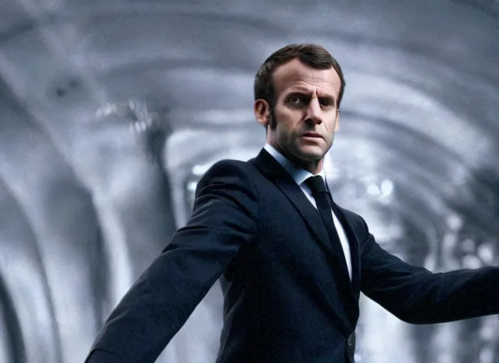 Prompt: hyper realistic, production still of emmanuel macron playing neo in matrix ( 1 9 9 9 ), 4 k, highly detailed, anamorphic