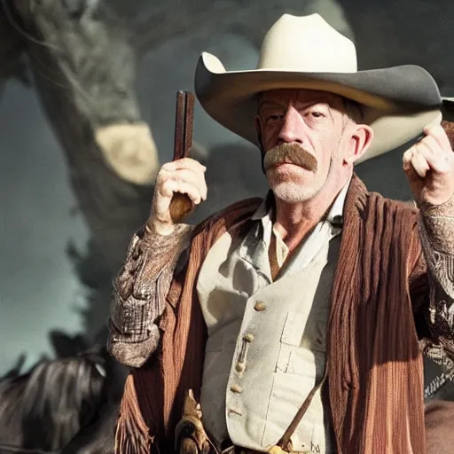 Prompt: j. k. simmons!!!!!!! as a cowboy with a moustache, western movie, movie still