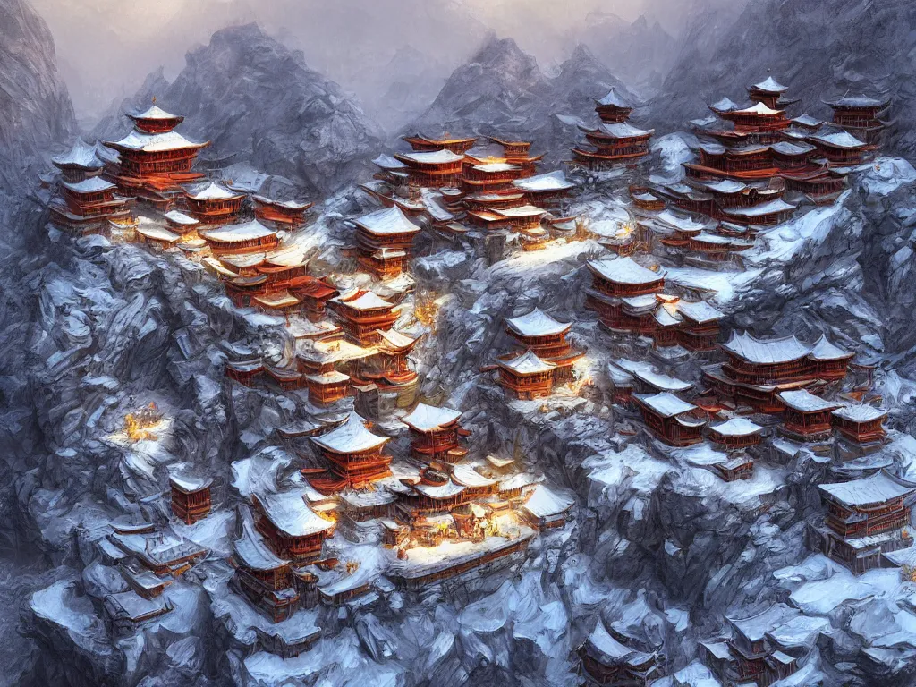 Prompt: shaolin monastery on snowy mountain, artstation, by frank frazetta, concept art, digital art, cool color palette, 8 k, sad, incandescent, cinematic lighting, ray tracing ambient occlusion, in a symbolic and meaningful style, insanely detailed and intricate, hypermaximalist, elegant, ornate, hyper realistic, super detailed