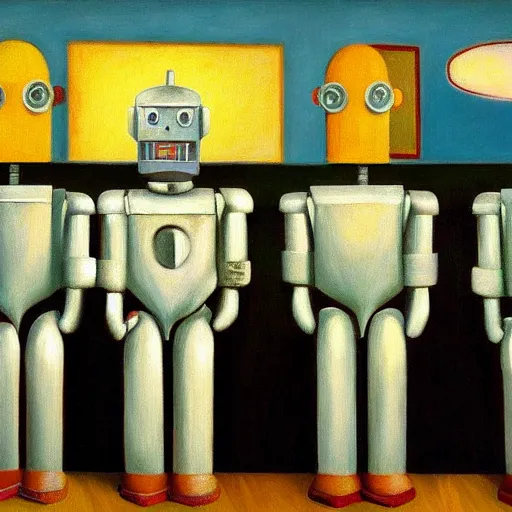 Image similar to robot bishop army, one robot a different color, grant wood, pj crook, edward hopper, oil on canvas