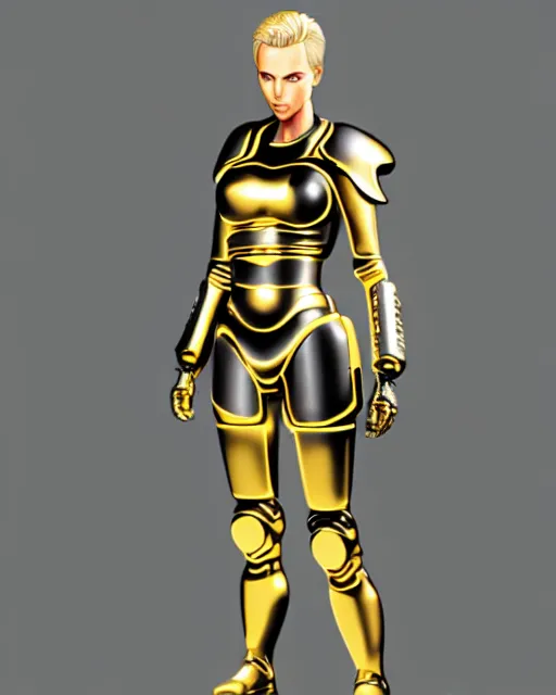 Image similar to hyper realitic render of charlize theron, sci fi warrior in gold hi tech armor, manga style