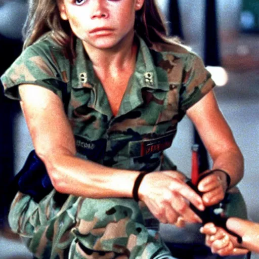 Prompt: linda hamilton in a military base, 1 9 8 7, movie still