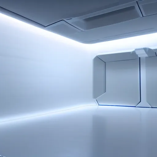 Image similar to a white room 1 2 ft long x 1 0 ft wide x 8 ft tall, geometrically perfect, clean and empty, sci fi spaceship futuristic paneling unreal engine, general studio lighting, 8 k,