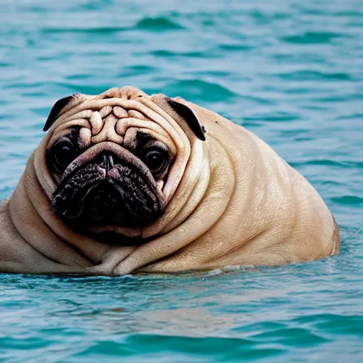 Image similar to a Walrus-Pug Hybrid, A Walrus that looks like a pug, huge tusks, afternoon hangout, good times photograph, candid