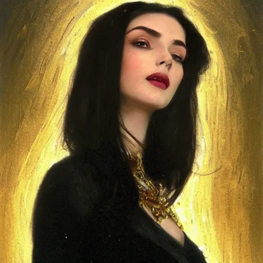 Image similar to portrait of a smiling, beautiful, pale skin eastern european female with long black hair, dark brown eyes, elegant clothing, photorealistic, highly detailed, artstation, smooth, sharp focus, gold ornaments, neon lighting, sci - fi, art by gustav klimt, artgerm, greg rutkowski and alphonse mucha