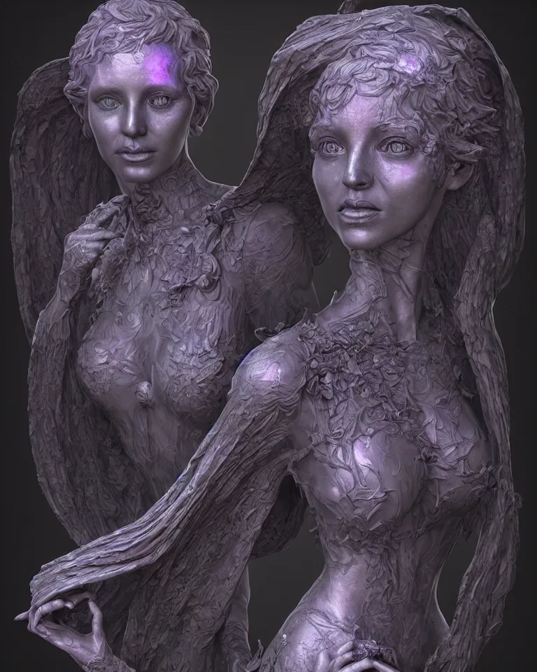 Image similar to a holographic portrait of a gorgeous etherial female gothic cemetery statue breaking apart by Andrew Ferez, metaphysical painting, cosmic horror, octane render, trending on cgsociety, featured on zbrush central, grotesque, digital painting, vanitas, new sculpture, mystical