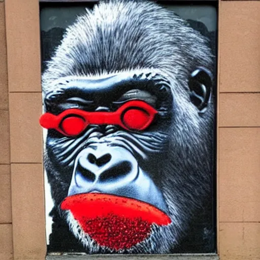 Prompt: gorilla with red headphones on holding a amanita muscaria made by banksy