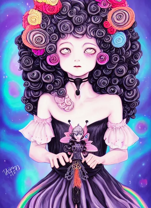 Prompt: dark fantastic illustration of beautiful girl witch with a robot, curls hair, rococo ruffles dress, rosette, symmetrical face, pastel rainbow, pearlescent, cute, fairy, rim light, detailed background, by mai yoneyama, rolua, manga, artstation, concept art, highly detailed, colorful, maximalist