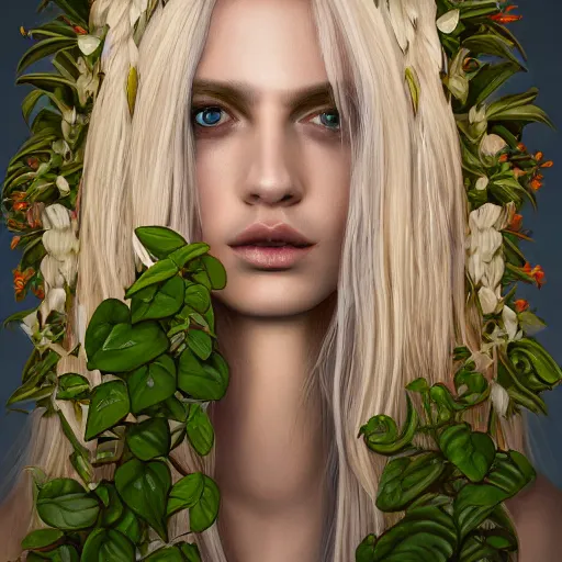 Prompt: a symmetrical portrait of a blonde woman with plants in hair, oil painting, pale colors, high detail, 8 k, wide angle, trending on artstation,