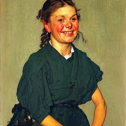 Image similar to Frontal portrait of a woman so happy that her face hurts. A painting by Norman Rockwell.