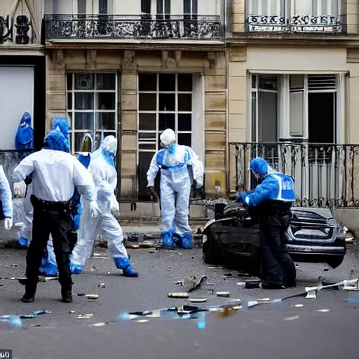 Prompt: Several agents of the scientific police collecting evidence on a crime scene in a Parisian apartment
