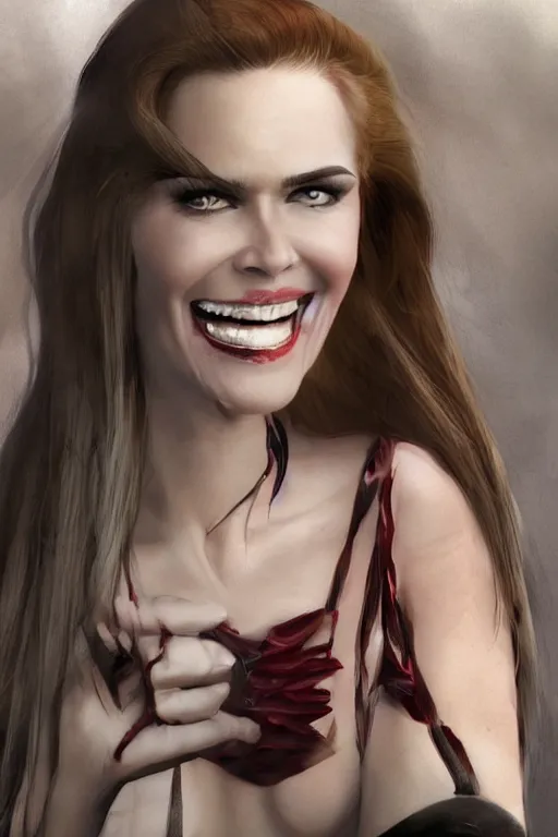 Image similar to mix of beautiful young maria shriver, mariel hemmingway, brooke shields, nicole kidman and elle macpherson as a vampire showing vampire teeth, ready to bite, thin lips, hair tied up in a pony tail, dark blonde hair, colorful, deviantart, artstation, cgsociety