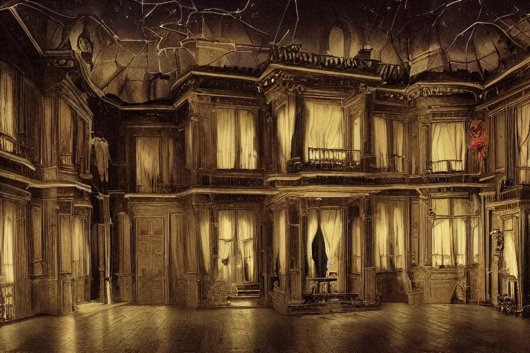 Image similar to full - color digital photo of the interior of a spooky elegant mansion at night. the interior is narrow, labyrinthine, illogical, surreal, bizarre, and complicated. there is a faintly - visible victorian ghost lurking. highly - detailed high - resolution photography.