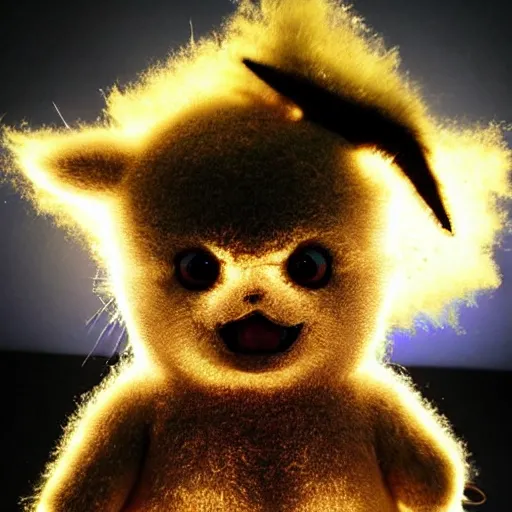Image similar to a badly taxidermized pikachu, scary, creepy lighting