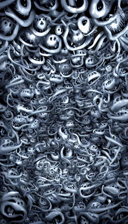 Image similar to a storm vortex made of many demonic eyes and teeth, with vray