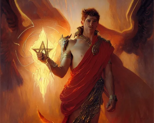 Image similar to attractive male deity, casting demonic magic, summoning handsome lucifer morning star. highly detailed painting by gaston bussiere, craig mullins, j. c. leyendecker 8 k