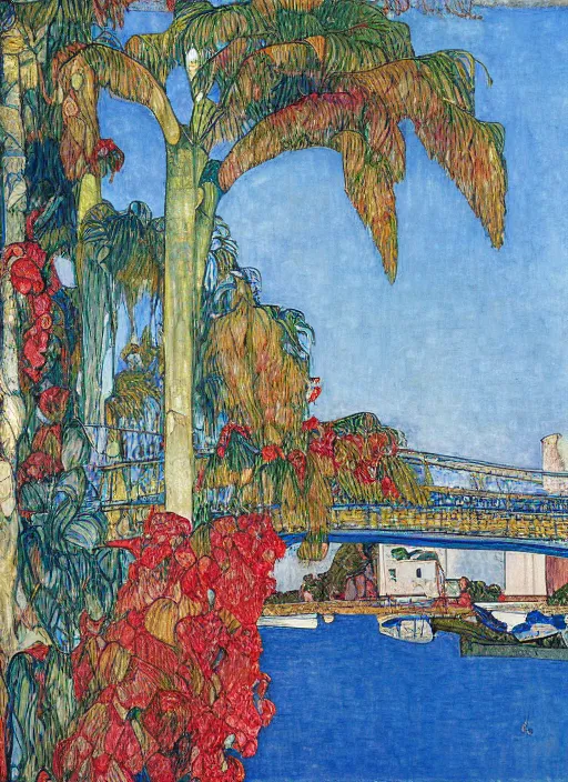 Image similar to bayonne bridge on local river, 3 boat in river, 2 number house near a lot of palm trees and bougainvillea, hot with shining sun, painting by egon schiele