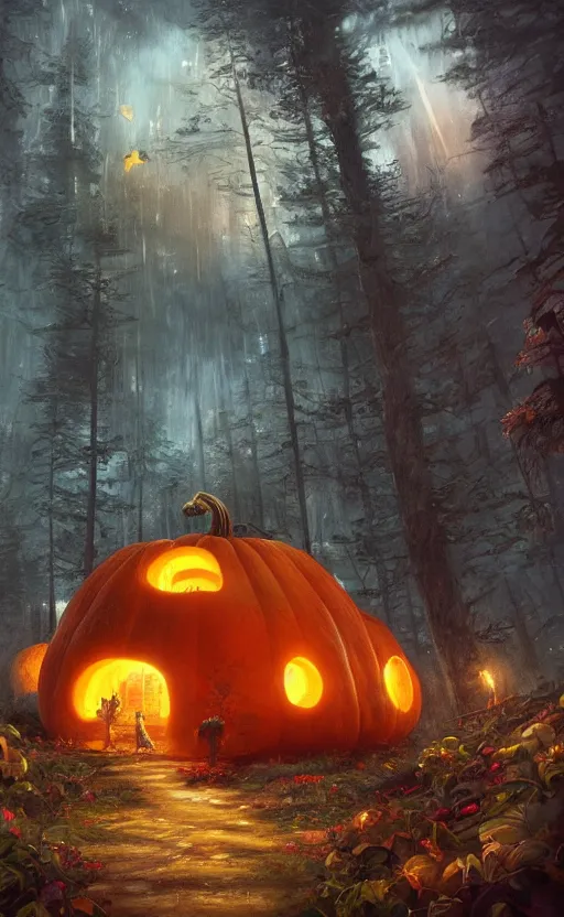 Image similar to a giant pumpkin cabin in the middle of a forest at night, the lights are on, dynamic lighting, photorealistic fantasy concept art, trending on art station, stunning visuals, creative, cinematic, ultra detailed