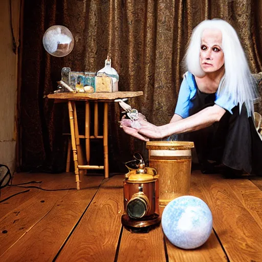 Image similar to a full body protrait beautifull witch with white hair in old room. A cristal ball on a wood table with a potions and old instruments. A cat on the floor licking his paw. photorealistic, profesional photo, by Steve McCurry