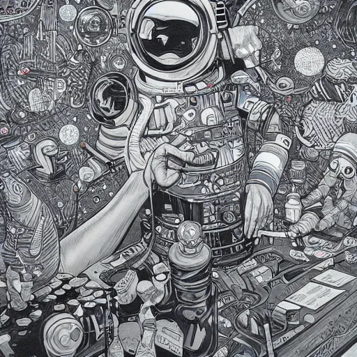 Prompt: james jean, mcbess art of a party in space, hyper detail