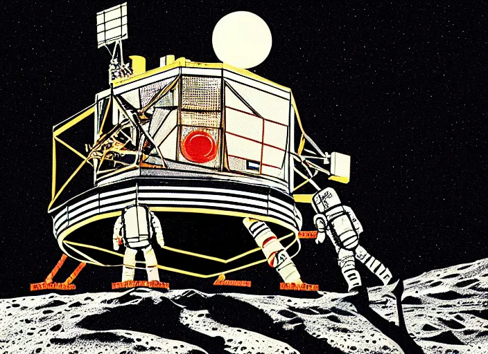 Image similar to apollo lunar lander, monkey cosmonaut, colorful, modern art deco, illustration by mads berg and karolis strautniekas, small finely stippled light, dramatic lighting, fine texutre, propaganda poster, editorial illustration, detailed, katsuhiro otomo, dynamic composition, moody, cinematic, film grain