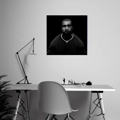 Image similar to a ( ( chiaroscuro lighting portrait ) ) of kanye west dressed as teddy bear mascot, black background, portrait by julia margaret cameron, shallow depth of field, 8 0 mm, f 1. 8