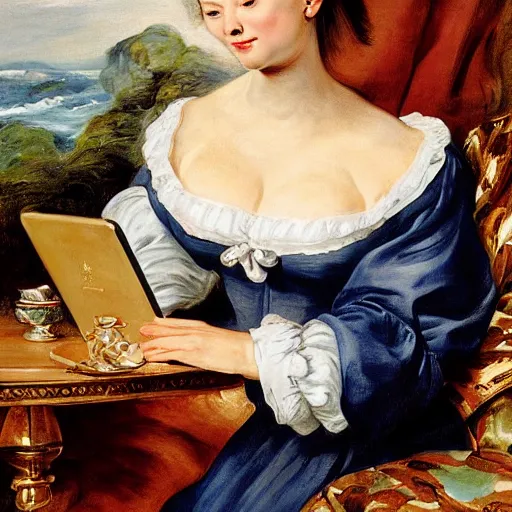 Image similar to heavenly summer sharp land sphere scallop well dressed lady working on her laptop drinking a starbucks coffee auslese, by peter paul rubens and eugene delacroix and karol bak, hyperrealism, digital illustration, fauvist